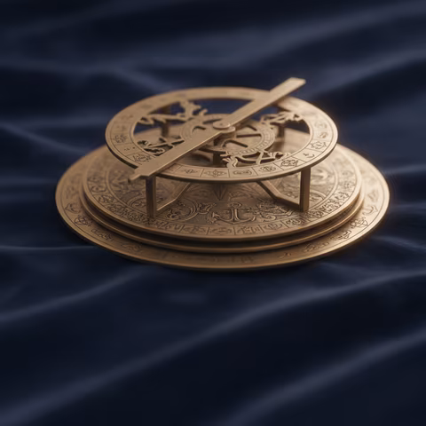 Astrolábio náutico histórico em metal dourado, símbolo de precisão e justiça
